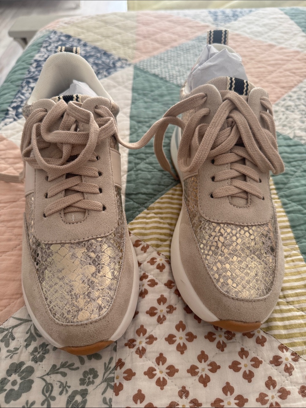 ShuShop Neutral Beige Sneakers with Gold Snake-Print Panels